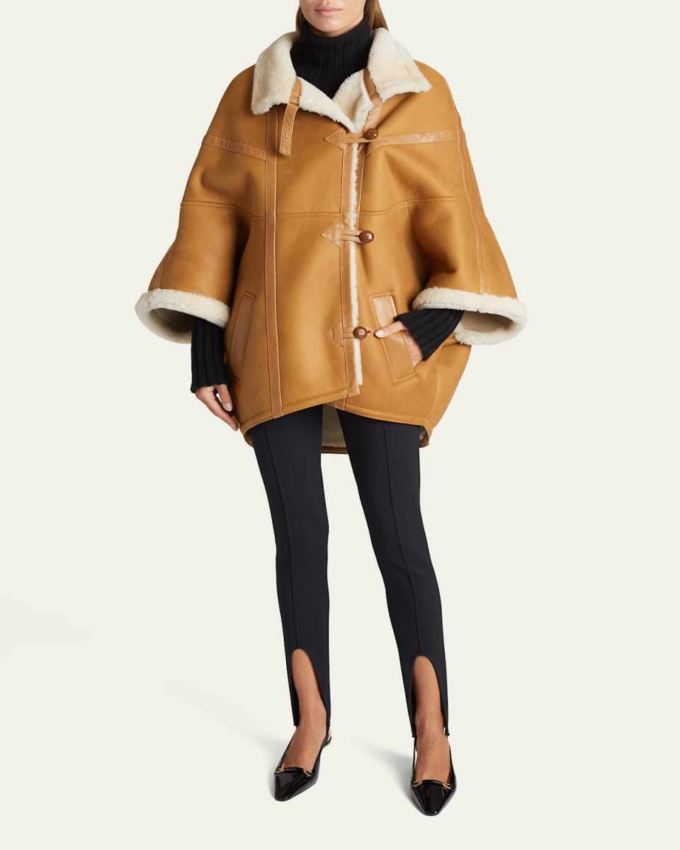 Oversized Leather Cape with Shearling Lining